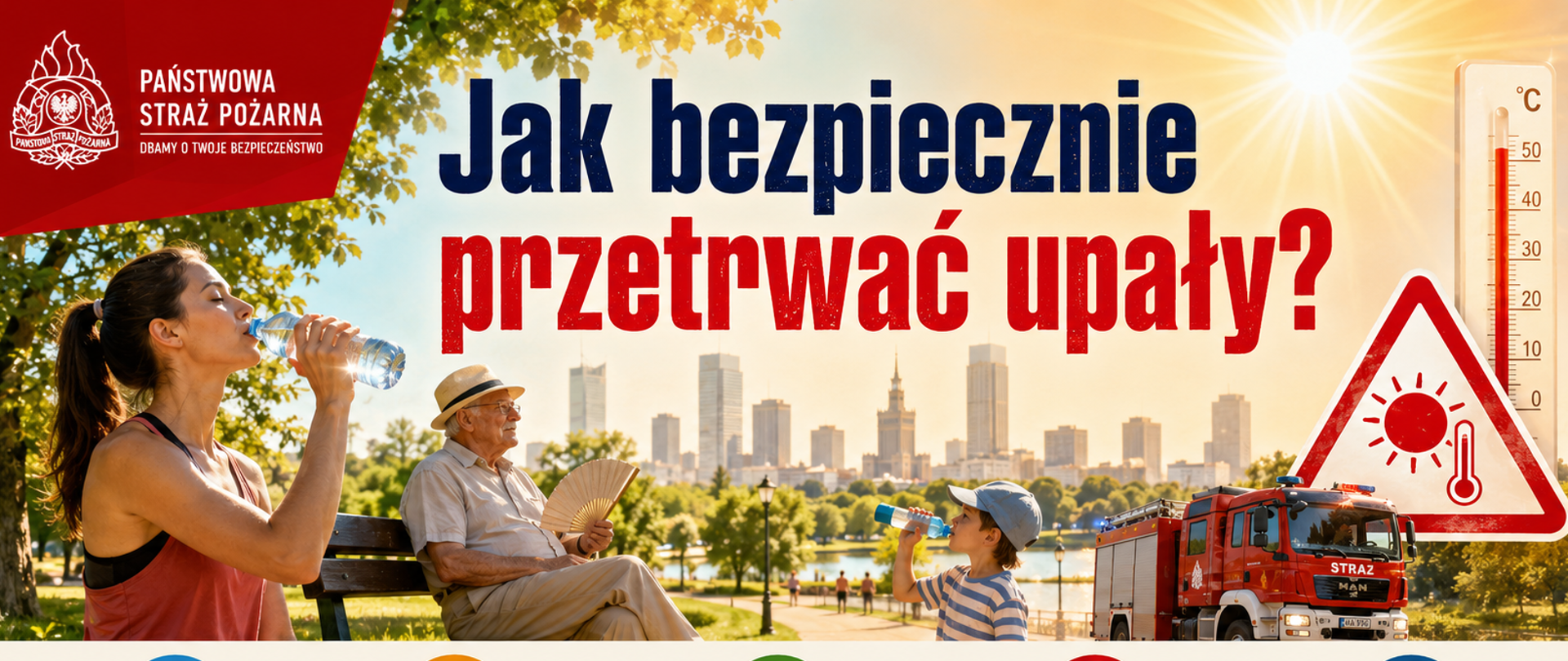 Panoramiczna grafika informacyjna Państwowej Straży Pożarnej dotycząca bezpieczeństwa podczas upałów. Przedstawia kobietę pijącą wodę, seniora odpoczywającego w cieniu, dziecko z butelką wody, wóz strażacki oraz znak ostrzegający przed wysoką temperaturą. Na grafice widnieją zalecenia: pij dużo wody, unikaj słońca w godzinach 11.00–17.00, chroń dzieci i seniorów, nie zostawiaj nikogo w samochodzie oraz reaguj na objawy przegrzania.