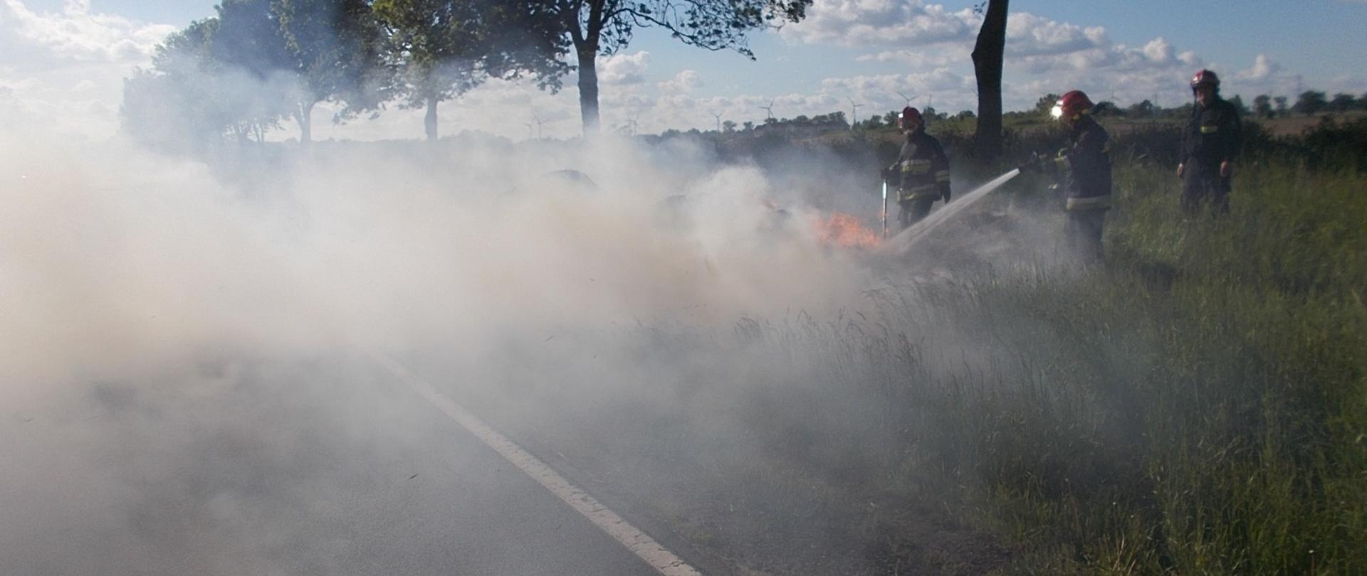 po prawej strażacy przegarniają i przelewają palące się siano na poboczu, z lewej zadymiona droga