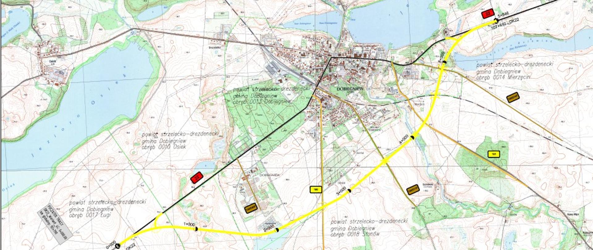 Mapa z zaznaczonym przebiegiem obwodnicy Dobiegniewa.
