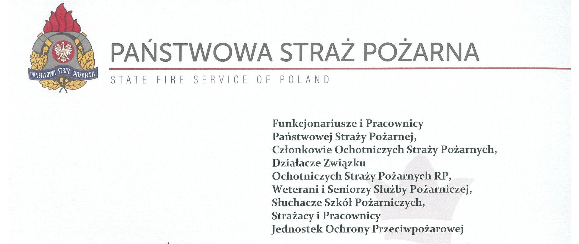 Na zdjęciu widzimy tekst życzeń z okazji dnia strażaka podpisany przez kierownictwo KG PSP