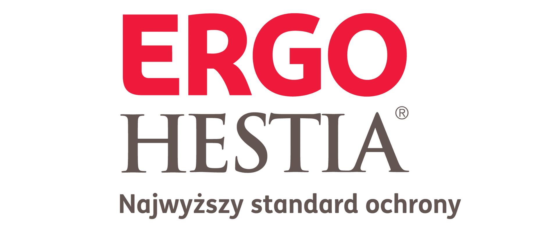 Napis Ergo (czerwone litery) Hestia (szare litery) Najwyższy standard ochrony (szare litery) na białym tle