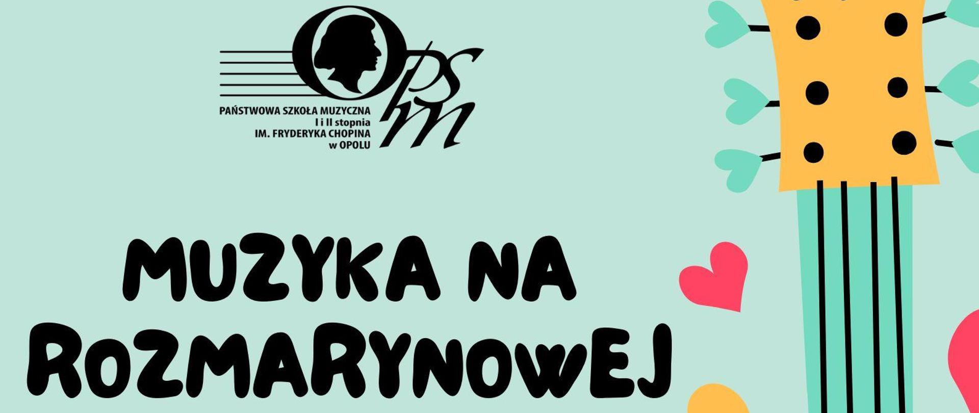 w górnej części plakatu logo szkoły, z prawej strony wzdłuż obrazek gitary, z lewej strony wzdłuż plakatu informacje o terminie, miejscu i godzinie odbywania się koncertu