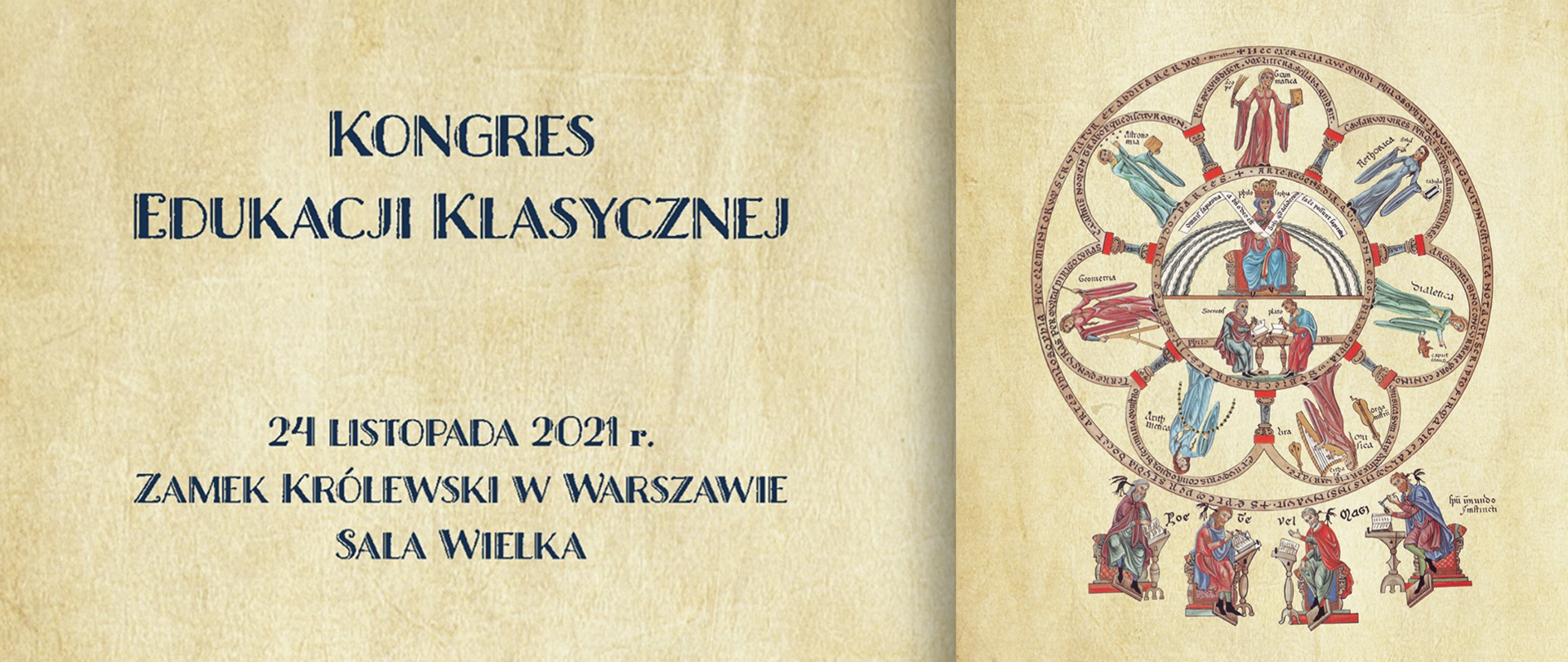Plansza z napisem Kongres Edukacji Klasycznej i terminem wydarzenia 24 listopada 2021 roku, Zamek Królewski w Warszawie, Sala Wielka 