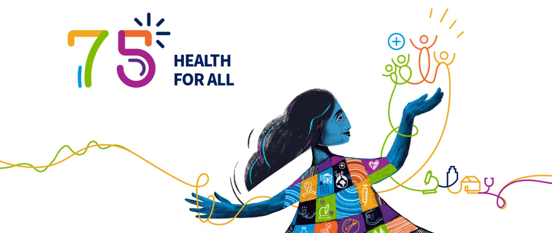 Obraz przedstawia kobietę w kolorowym ubraniu, elementy związane ze zdrowiem oraz tekst 75 lat- zdrowie dla wszystkich