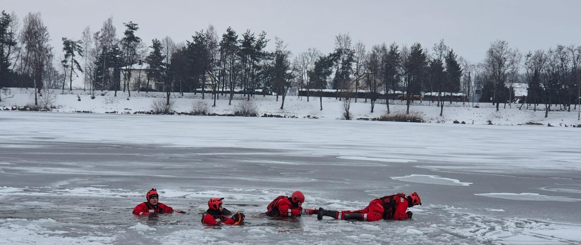 Szkolenie strażaków z ratownictwa lodowego. Ratownicy w czerwonych skafandrach w wodzie i na powierzchni zamarzniętego zbiornika.