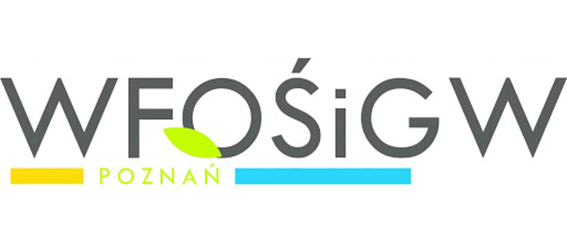 Logo Wojewódzkiego Funduszu Ochrony Środowiska i Gospodarki Wodnej w Poznaniu. Napis WFOŚiGW Poznań, na który nachodzi zielony listek.