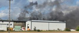 Zdjęcie wykonane z oddali, widoczne budynki palącego się zakładu produkcyjnego, nad budynkami unoszą się kłęby dymu 