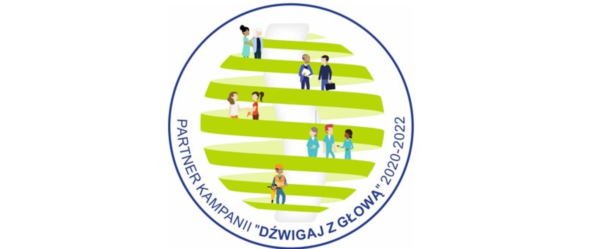 Napis w kole po obrębie: partner kampanii Dźwigaj z głową. W kole animowane postacie różnych pracowników