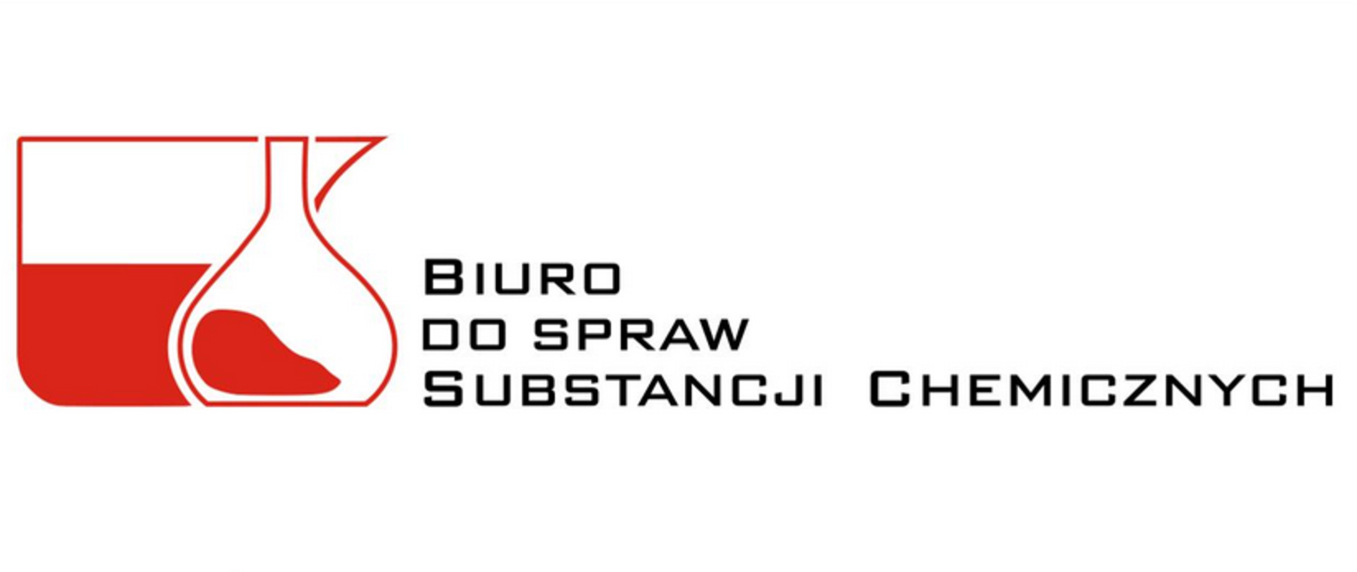Fiolka chemiczna z czerwonym płynem na tle flagi Polski. Obok napis: Biuro ds. Substancji Chemicznych