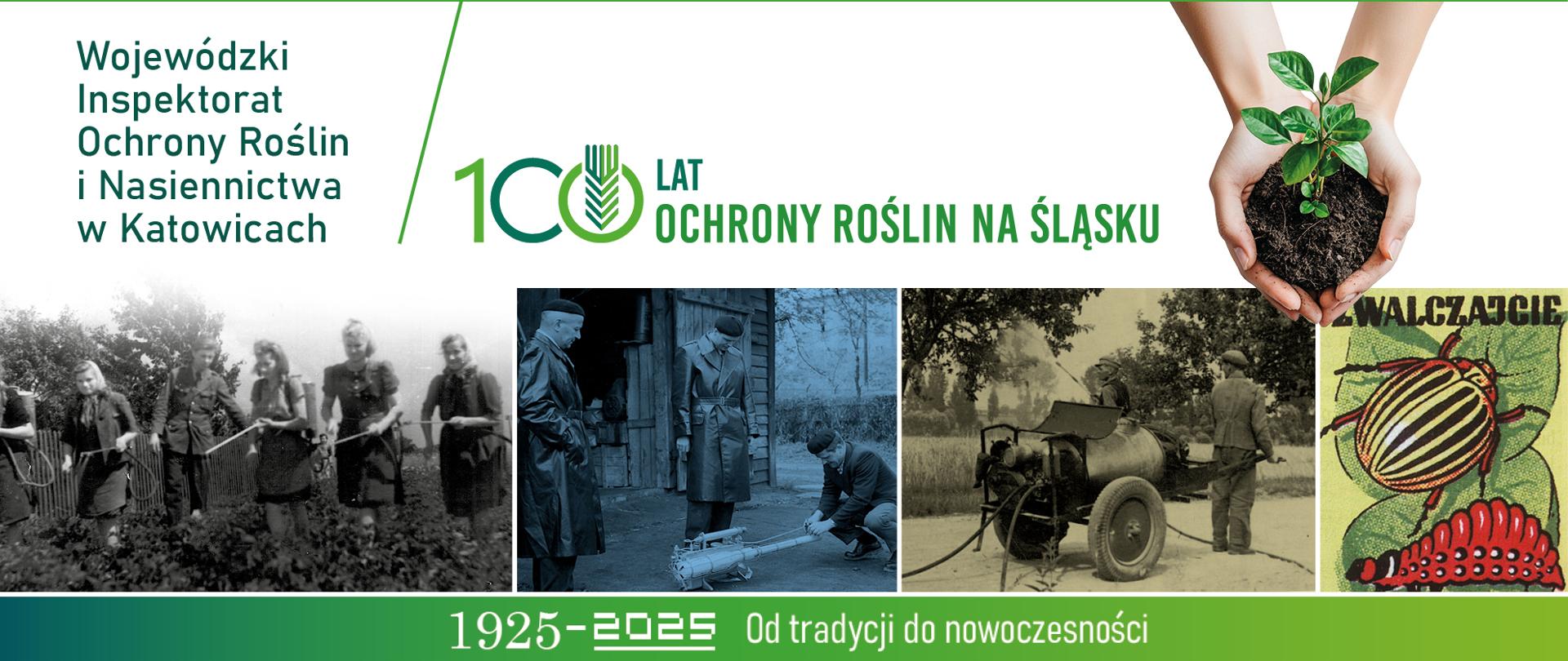 Grafika upamiętniająca stulecie WIORiN w Katowicach. Na kolażu widać 3 archiwalne zdjęcia z okresu lat 50-tych, przedstawiające ludzi z opryskiwaczami, plakat ze stonką ziemniaczaną i teksty 100 lat ochrony roślin i nazwę WIORiN