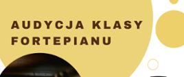 Na białym tle kilka kół: w trzech znajdują się fragmenty klawiatury fortepianu z naniesionymi nutami, w kremowym kole na środku znajduje się napis, oprócz tego są kremowe kółka i okręgi