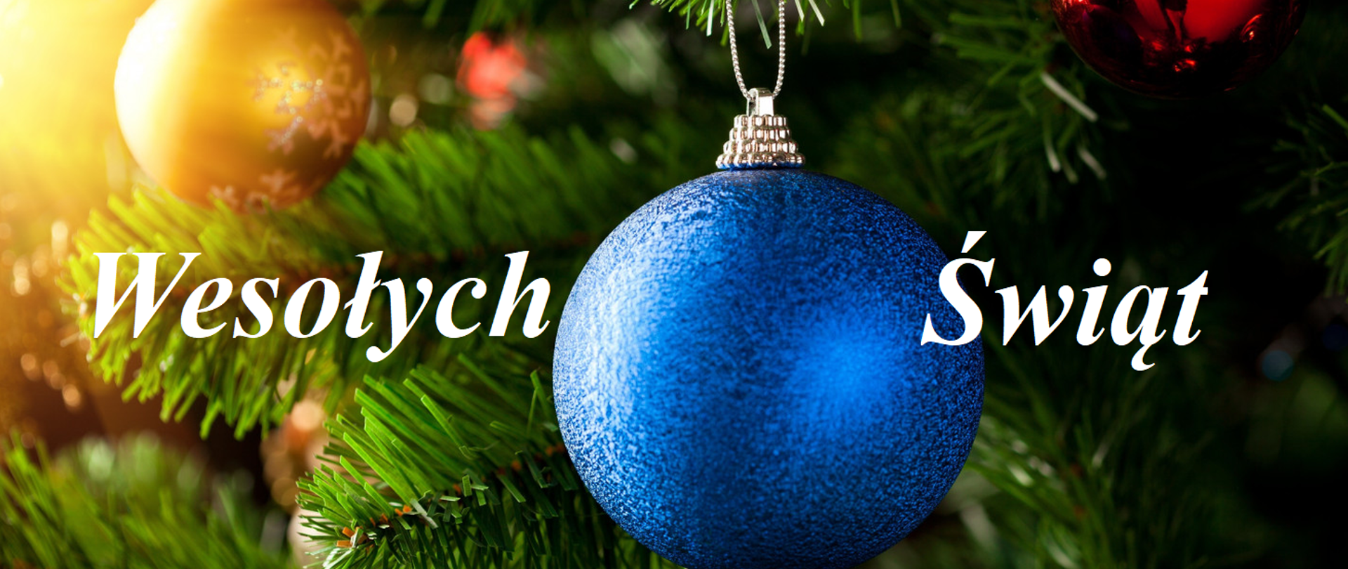 Zdjęcie przedstawia niebieską bombkę choinkową zawieszoną na choince na środku obrazu. Po lewej stronie zdjęcia biały napis : Wesołych, po prawej stronie zdjęcia biały napis: Świąt