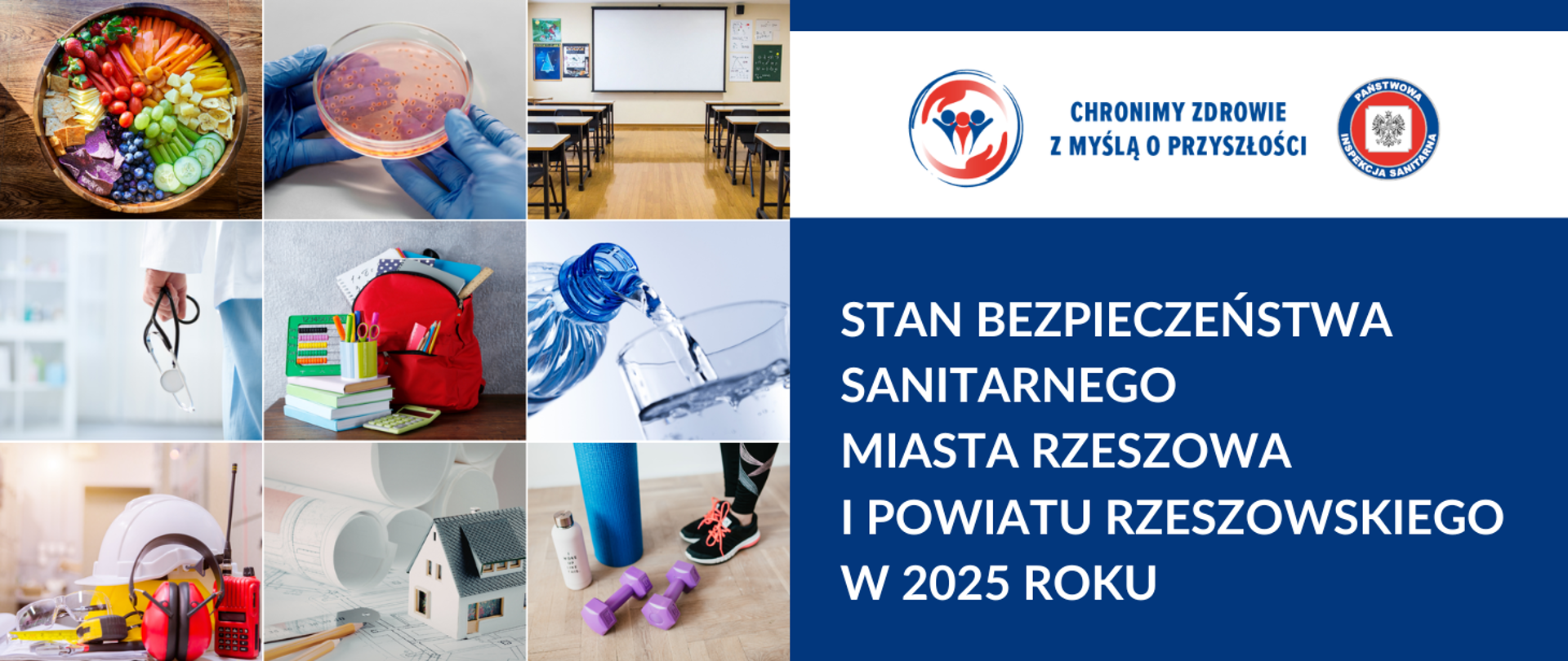 Kolaż zdjęć przedstawiający zakres działalności Państwowej Inspekcji Sanitarnej. Tekst: Stan bezpieczeństwa sanitarnego miasta Rzeszowa i powiatu rzeszowskiego w 2025 roku