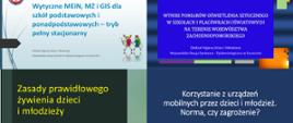 Grafika przedstawia slajdy tytułowe prezentacji zaprezentowanych podczas konferencji: 1. Wytyczne MEiN, MZ i GIS dla szkół podstawowych i ponadpodstawowych – tryb pełny stacjonarny 2. Wyniki pomiarów oświetlenia sztucznego w szkołach i placówkach oświatowych na terenie województwa zachodniopomorskiego 3. Zasady prawidłowego żywienia dzieci i młodzieży 4. Korzystanie z urządzeń mobilnych przez dzieci i młodzież. Norma czy zagrożenie? 