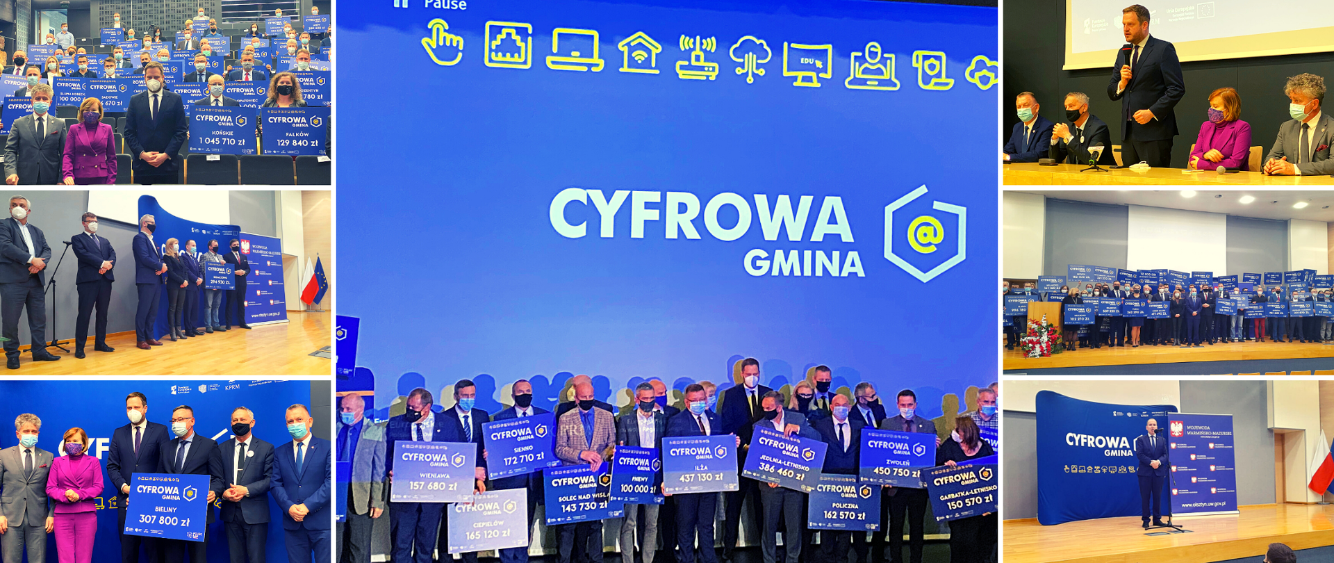 Kolaż zdjęć ze spotkań ministrów Janusza Cieszyńskiego i Adama Andruszkiewicza z samorządowcami z województw świętokrzyskiego, mazowieckiego i warmińsko-mazurskiego.