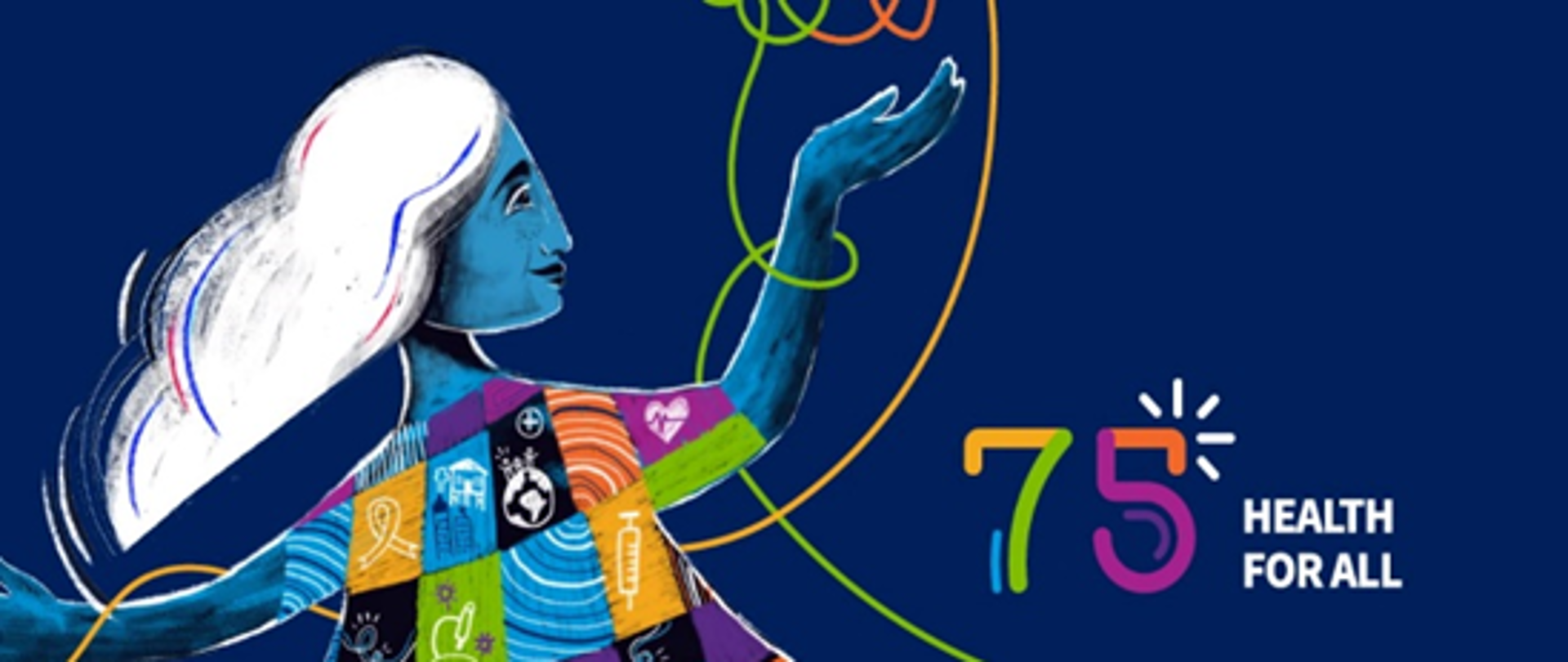 Obraz przedstawia osobe z profilu w kolorowym ubraniu i napis 75 Heald FOR ALL