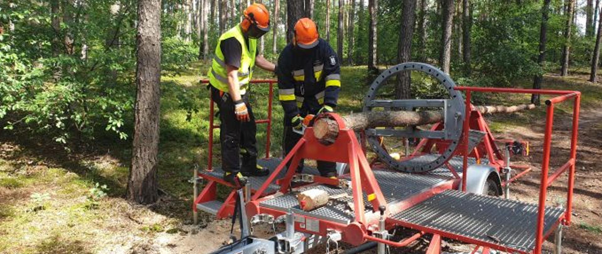 Dwóch strażaków przecina pień drzewa w symulatorze naprężeń