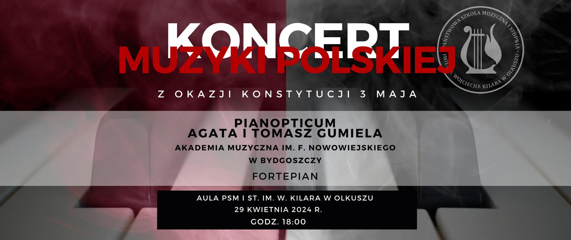 Bordowo szare tło, biały pas na środku w poziomie, zarys klawiatury fortepianu