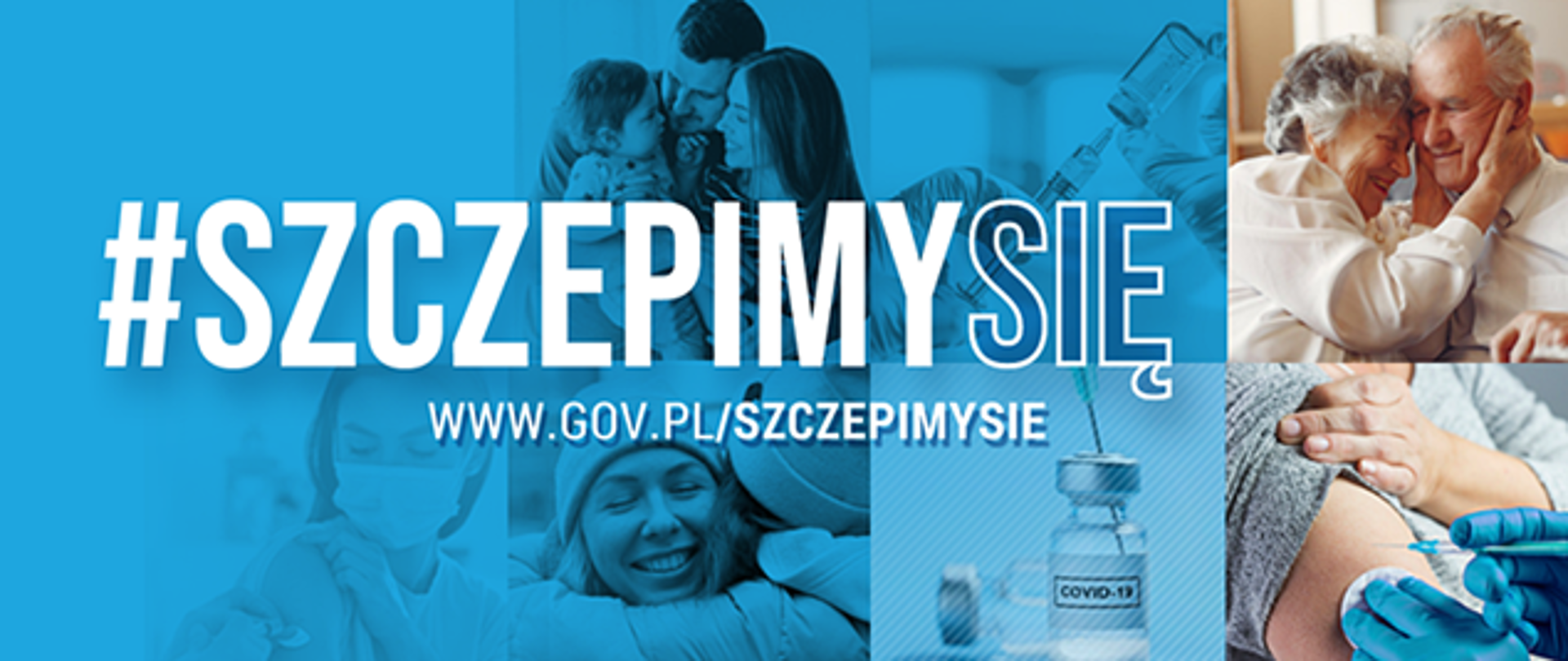 Zdjęcie przedstawia hasło akcji szczepimy się, w tle widoczne są obrazy przedstawiające rodzinę, dwoje osób starszych, kobietę w maseczce na twarzy przygotowaną do zaszczepienia w prawe ramię, matkę trzymającą dziecko na rękach, fiolkę ze szczepionka oraz odkryte ramię z przytkniętą igłą ze strzykawką