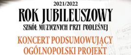 Tekst zamieszczony na plakacie:
2021/2022
Rok Jubileuszowy Szkół Muzycznych przy Podleśnej
Koncert Podsumowujący Ogólnopolski Projekt
„Muzyka Naszych Czasów”
Wystąpią:
MAJA MARKOWSKA – fortepian, OSM II st.
URSZULA PEŁSZYK – fortepian, PSM II st.
DANIEL ZAWISTOWSKI – akordeon, absolwent PSM II st.
EWELINA IGNATOWSKA – skrzypce, OSM II st.
ALEKSANDRA TROCHIMCZUK – altówka, OSM II st.
MIŁOSZ GŁADYSZEWSKI – wiolonczela, OSM II st.
JULIUSZ KRUTUL – kontrabas, PSM II st.
Gość Honorowy – dyr. ADRIANNA PONIECKA-PIEKUTOWSKA
W programie utwory: D. Szostakowicza, Ż. Rydzewskiej, E. Borcz
26 września 2022, godz. 14.00
Aula koncertowa ZSM 