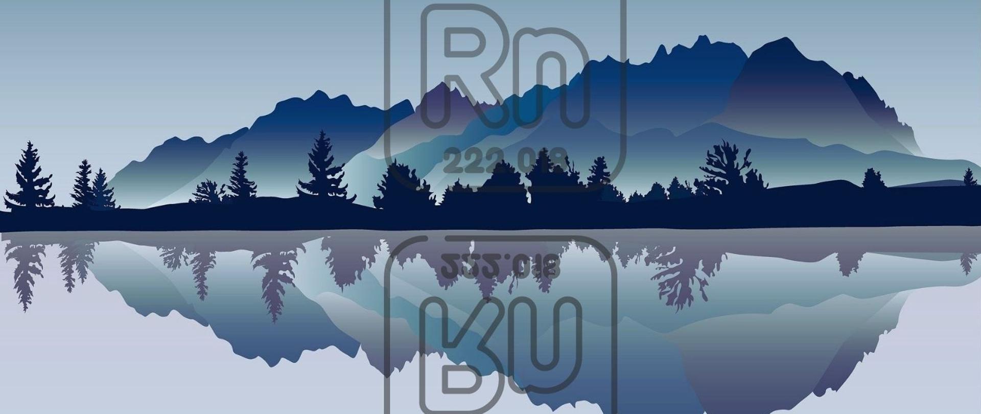 Grafika ilustruje wzgórze w kolorach niebieskim, granatowym i fioletowym na różowym tle. Wzgórze okalają drzewa przed którymi widoczna jest tafla jeziora. W tafli jeziora oraz na wzgórzu widoczny jest symbol radonu