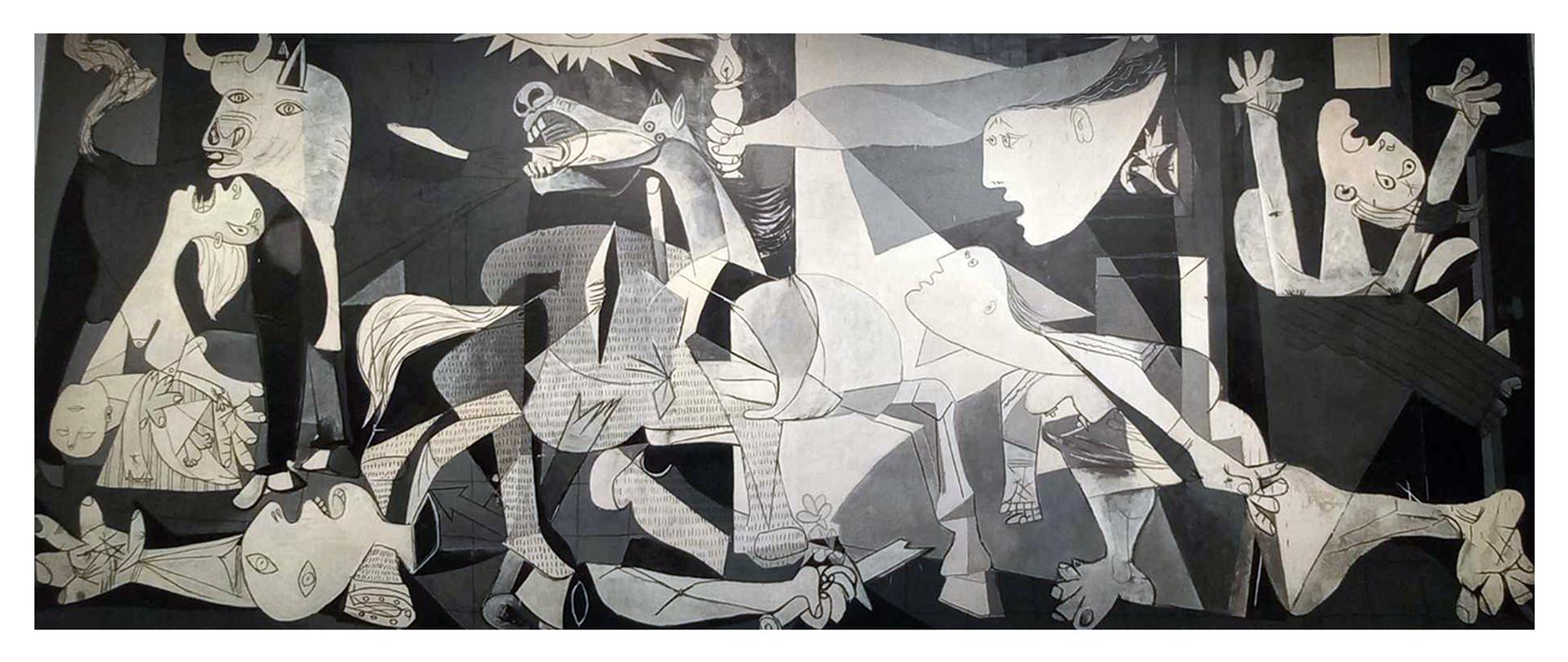 kubistyczne przedstawienie zwierząt i ludzi w skali szarości