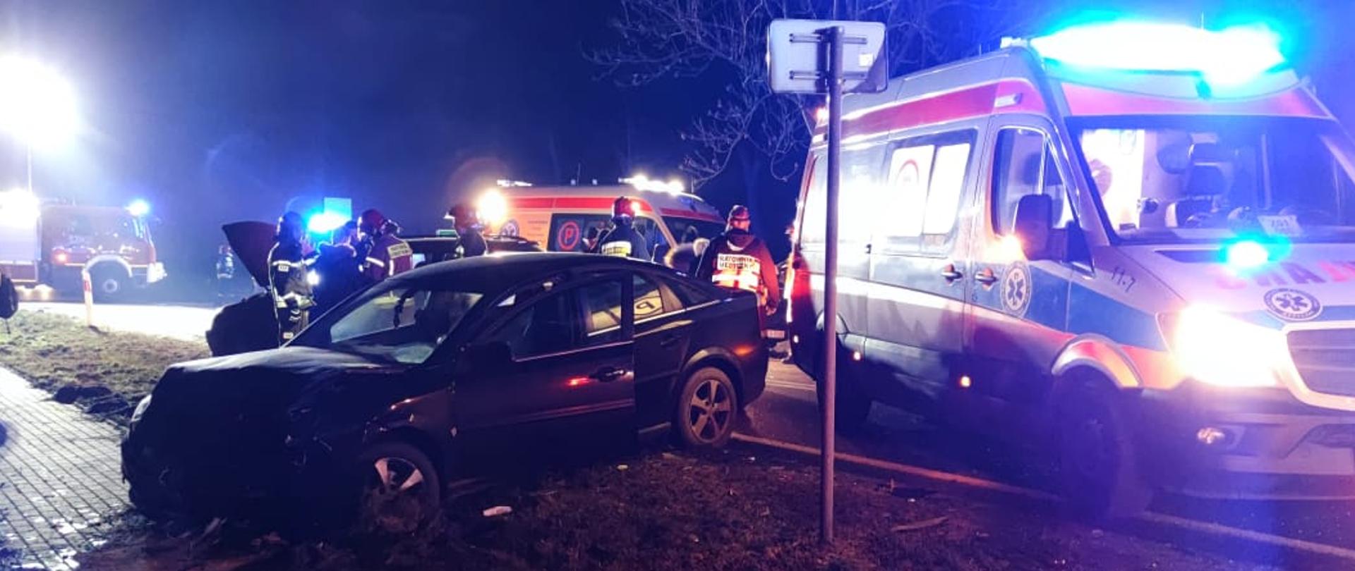 Na trawie pomiędzy drogą a chodnikiem stoi samochód z uszkodzonym przodem. Na drodze dwie karetki pogotowia, dalej widać samochód pożarniczy. 