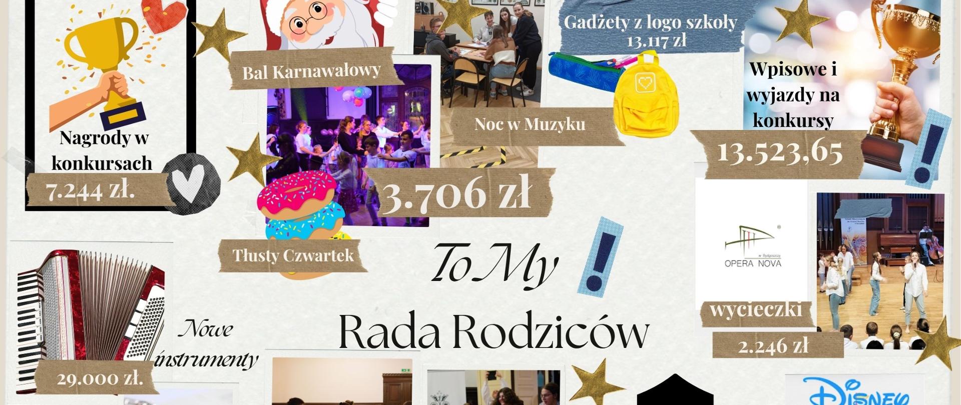 Kolorowa infografika przedstawiająca wydatki Rady Rodziców na różne szkolne wydarzenia i potrzeby. Zawiera zdjęcia i ilustracje związane m.in. z balem karnawałowym, Tłustym Czwartkiem, konkursami, nowymi instrumentami, naprawą instrumentów, gadżetami z logo szkoły, wycieczkami, koncertami oraz Dniem Patrona. Przy każdym elemencie podane są kwoty wsparcia, a w centrum znajduje się napis „To My Rada Rodziców”. Całość ozdobiona jest kolorowymi ikonami, gwiazdkami i grafikami związanymi z muzyką.