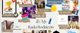 Kolorowa infografika przedstawiająca wydatki Rady Rodziców na różne szkolne wydarzenia i potrzeby. Zawiera zdjęcia i ilustracje związane m.in. z balem karnawałowym, Tłustym Czwartkiem, konkursami, nowymi instrumentami, , gadżetami z logo szkoły, wycieczkami, koncertami . Przy każdym elemencie podane są kwoty wsparcia, a w centrum znajduje się napis „To My Rada Rodziców”. Całość ozdobiona jest kolorowymi ikonami, gwiazdkami i grafikami związanymi z muzyką.