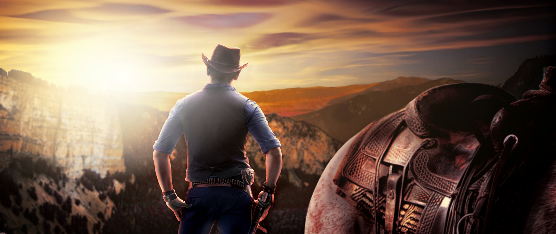 Postać kowboja zapatrzonego w Wielki Kanion. Obok koń