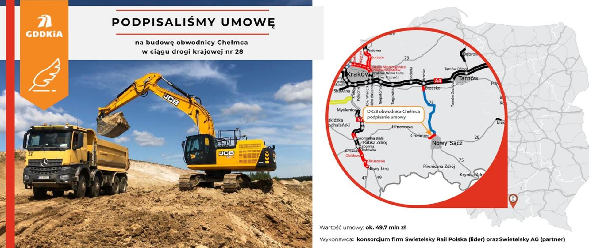 Infografika dot. podpisania umowy na budowę obw. Chełmca w ciągu DK28