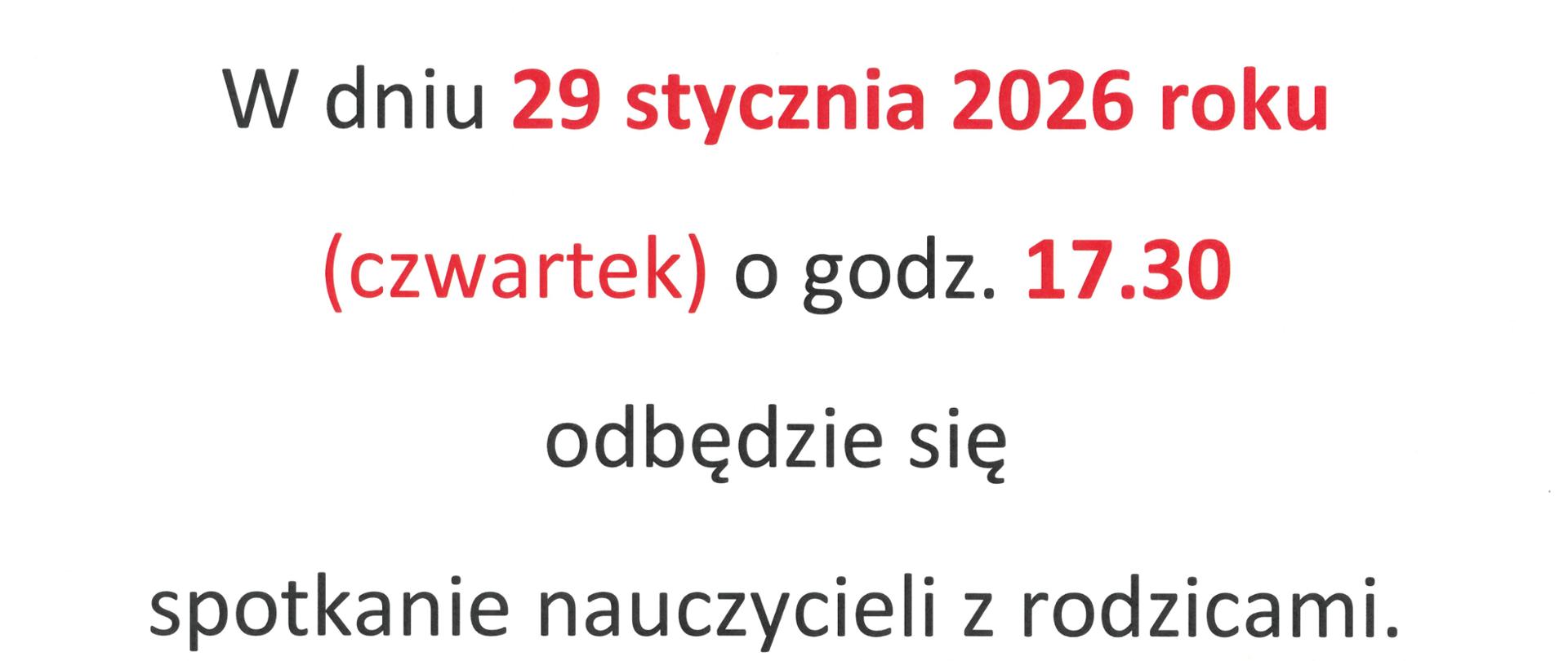 Ogłoszenie informujące o zebraniu nauczycieli z rodzicami