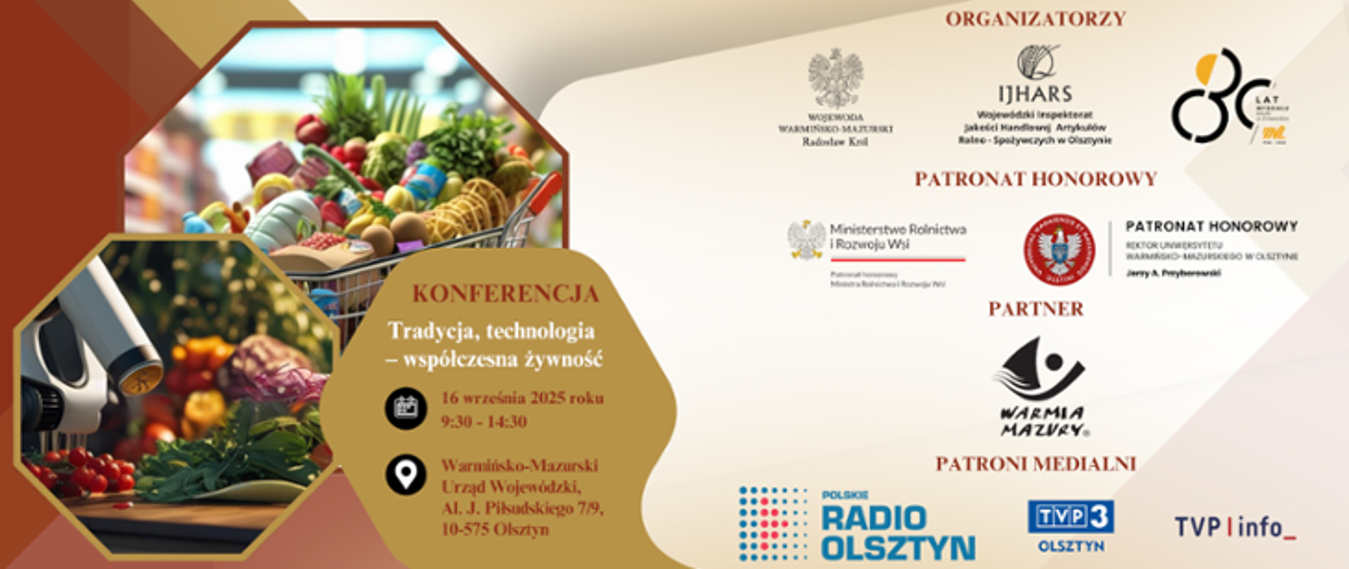 Infografika o konferencji, z prawej strony tytuł, miejsce i termin, z lewej organizatorzy i patroni