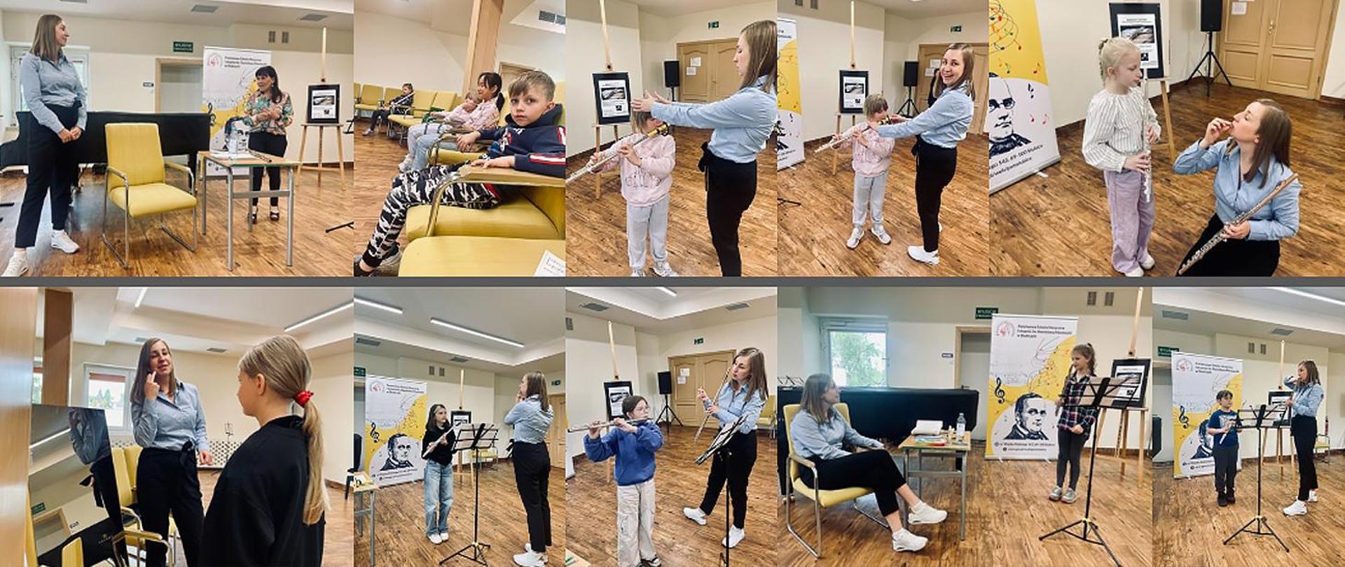 Collage kilkunastu zdjęć na których nauczycielka prowadzi z uczniami zajęcia z gry na flecie.