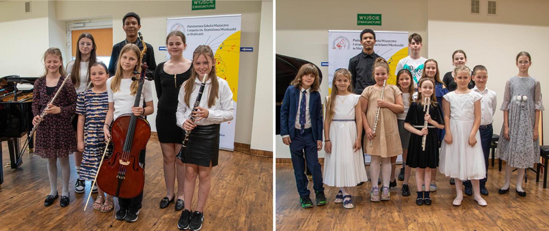 Collage dwóch zdjęć, na obu stoją uczniowie trzymający w rękach instrumenty muzyczne, za nimi baner szkolny.