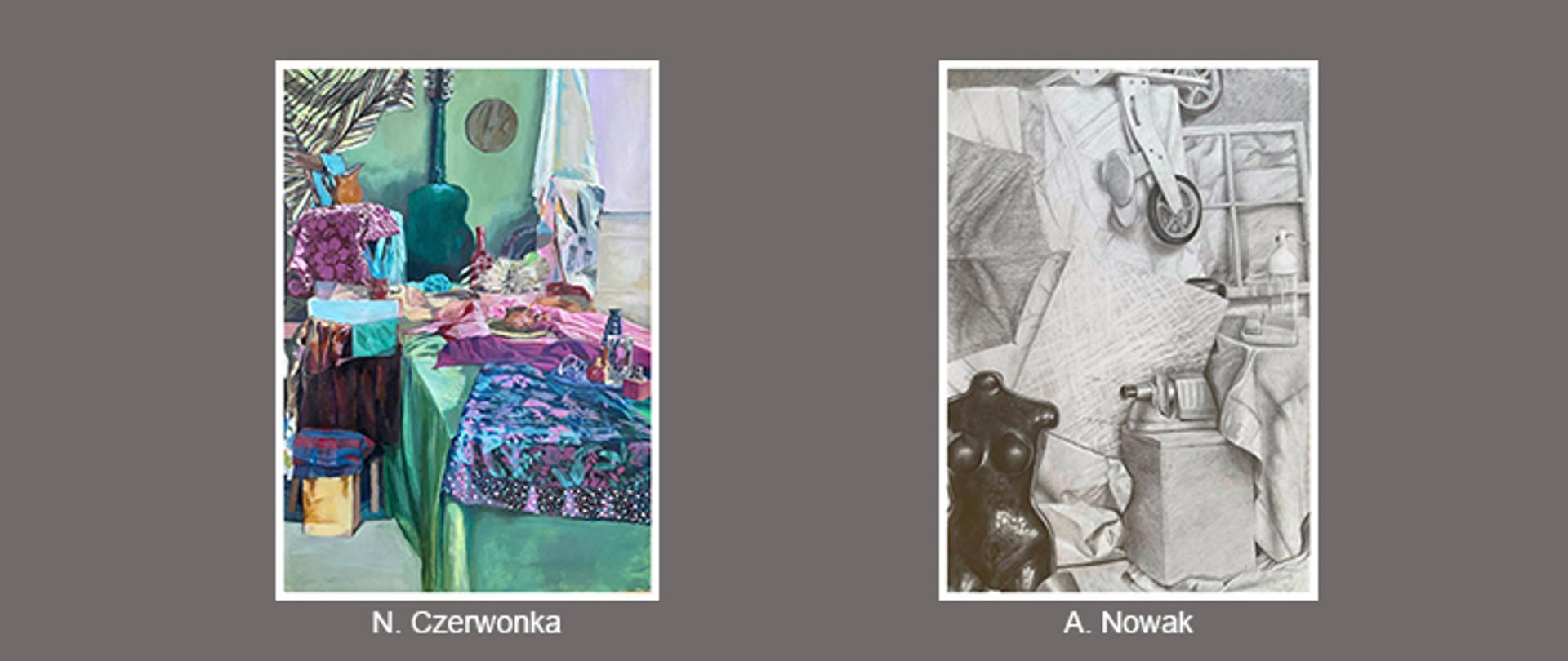 Malarstwo. Martwa natura. Na stole, stołkach i krześle przykrytych różnymi tkaninami znajduje się wiele przedmiotów: kwiatek, butelki dzbanki, flakoniki, itd. Na ścianie widać gitarę opartą przodem o ścianę. Podpis obok pracy "N. Czerwonka".
Rysunek. Martwa natura. Na tkaninie różne przedmioty: manekin - korpus kobiety, projektor do zdjęć na kubiku, płyta kartonowa, syfon, rama do okna, rozłożona parasolka, rowerek, itd. Podpis obok pracy "A. Nowak".