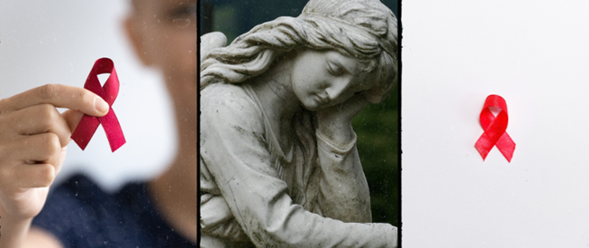 obraz podzielony na trzy części, na pierwszej znajduje się ręka trzymająca kokardę, na drugiej posąg, na trzeciej sama kokarda