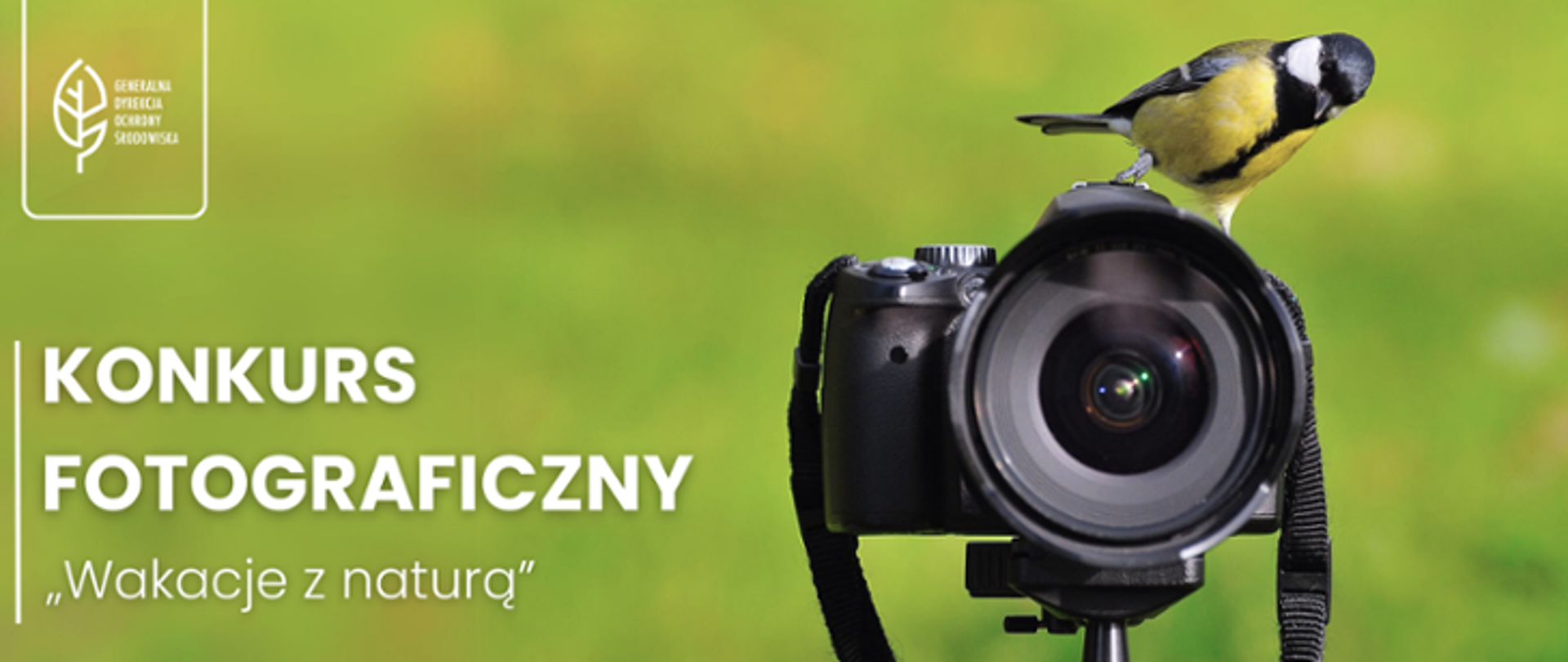 Na zielonym tle widać aparat fotograficzny na którym siedzi sikorka bogatka (głowa sikorki jest czarna z białymi policzkami. Brzuch tego ptaka jest żółty, a przez środek przebiega czarna pręga). W lewym górnym rogu logotyp Generalnej Dyrekcji Ochrony Środowiska (biały liść). Poniżej napis: Konkurs fotograficzny.
