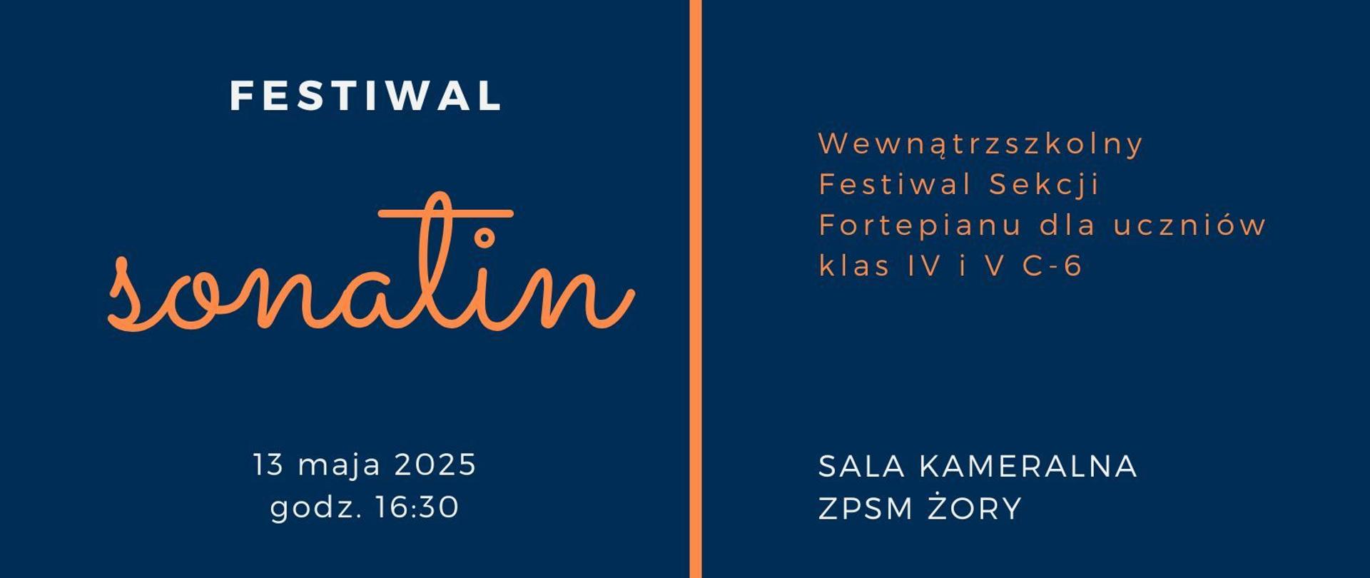 W górnej części plakatu widnieje fragment klawiatury fortepianowej w biało-niebieskich kolorach oraz pomarańczowych szczelinach między klawiszami. W dolnej części na niebieskim tle białe, błękitne i pomarańczowe napisy informujące o festiwalu szkolnym. W nagłówku nazwa szkoły.