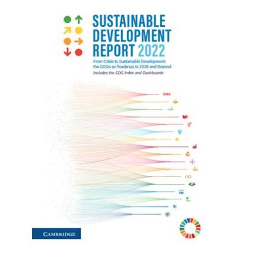 Na białej okładce widnieje tytuł raportu Sustainable Development Report 2022 zapisany niebieskimi literami. Obok tytułu są zielone, źółte, pomarańczowe i czerwone kropki i strzałki symbolizujące punkt startowy oraz kierunek (w nawiązaniu do sposobu prezentacji wskaźników raportu). Poniżej widoczne są liczne poziome linie w kolorach odpowiadających poszczególnym celom zrównoważonego rozwoju, dla których zbiorczymi punktami są ikony poszczególnych celów 