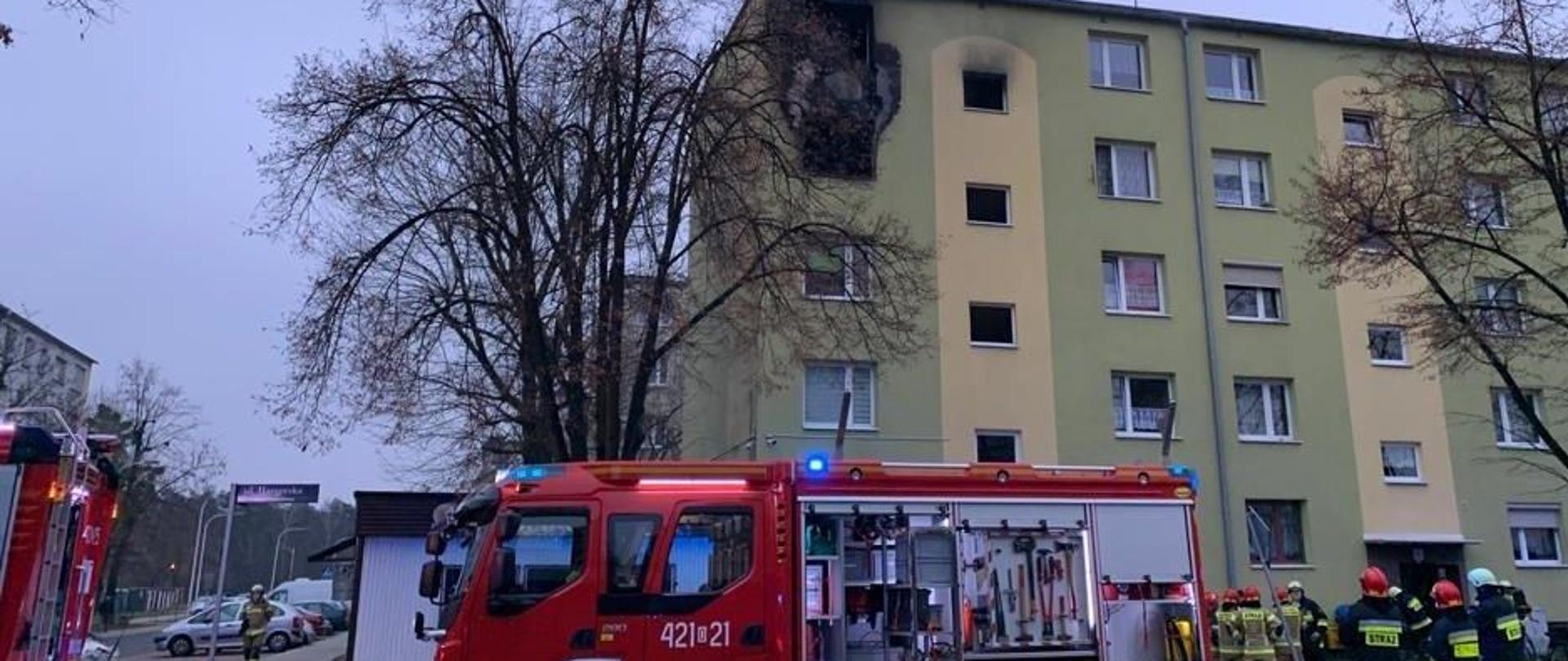 Zdjęcie przedstawia działania ratownicze podczas pożaru mieszkania przy ulicy Harcerskiej w Kędzierzynie-Koźlu. Na pierwszym planie na środku - dół kadru - widoczny postawiony bokiem samochód ratowniczo-gaśniczy koloru czerwonego z napisem koloru białego na drzwiach załogi 421[o]21 i otwartymi skrytkami i podestami w części roboczej pojazdu (samochód stoi na drodze asfaltowej).
Z tyłu pojazdu - prawa strona zdjęcia - stoją strażacy w ubraniach specjalnych koloru piaskowego i czarnego z czerwonymi i białymi hełmami na głowach. Większość strażaków zwrócona twarzą do budynku wielorodzinnego (bloku) znajdującego się na drugim planie (60% szerokości zdjęcia od prawej strony). Na trzecim piętrze, okno przy samym lewym rogu budynku, widoczne znaczne uszkodzenie elewacji - opalone aż do okna na kondygnacji powyżej.
Z lewej strony kadru widoczny kawałek samochodu osobowego koloru niebieskiego oraz tył samochodu strażackiego koloru czerwonego. W oddali widoczny strażak w ubraniu specjalnym koloru piaskowego i białym hełmie idący (chodnikiem) w stronę fotografującego.