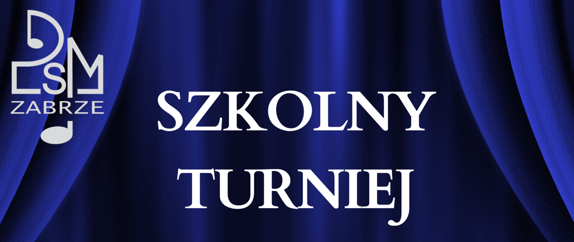na granatowym tle imitującym kotarę, białe napisy i grafiki, u góry z lewej logo szkoły, na dole z lewej nuty, i ręka przyłożona do ucha