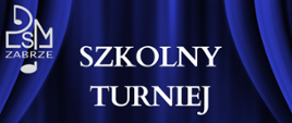 na granatowym tle imitującym kotarę, białe napisy, z lewej logo szkoły