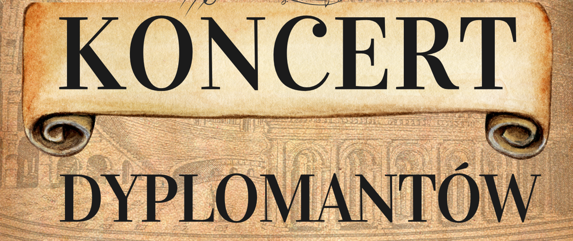 Plakat w stylu retro tło stary papier czerpany ze stylowymi zdobieniami od góry symbol czapki abiturienta liście laurowych oraz zrolowanego dokumentu w starym stylu poniżej pofalowana pięciolinia z nutami kluczem wiolinowym napis na zwiniętym w rozwiniętym papirusie koncert poniżej dyplomantów Państwowej Szkoły muzycznej pierwszego i drugiego stopnia im Witolda Lutosławskiego w Nysie 7 czerwca Państwowa Szkoła Muzyczna i drugiego stopnia im Witolda Lutosławskiego w Nysie sala koncertowa po prawej stronie w dolnym rogu logo szkoły w kolorze czarnym według ustalonego znaku
