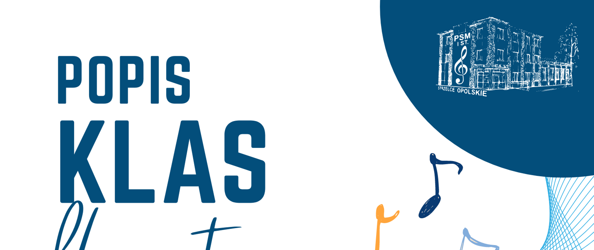 Białe tło, zdjęcia instrumentów, zaproszenie na popis klasy fagotu, klarnetu i oboju