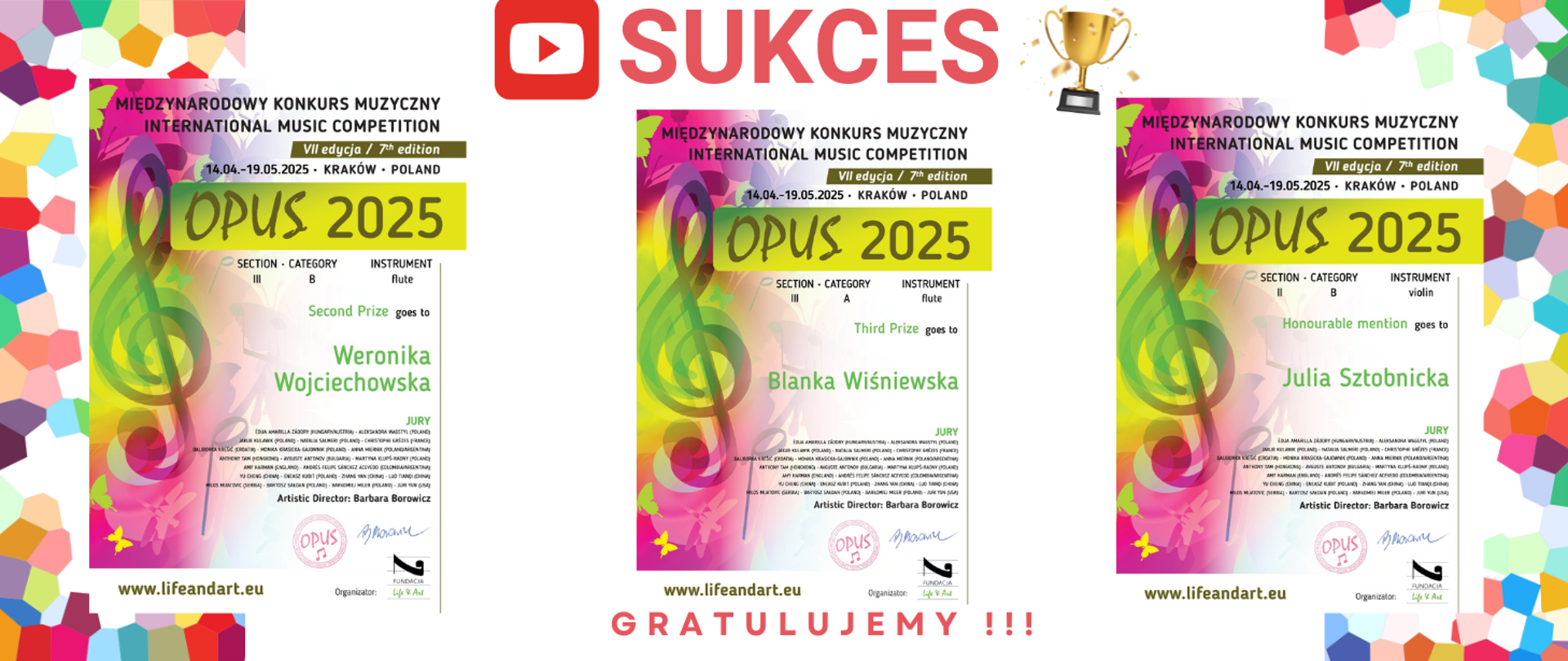 Grafika przedstawia dyplomy od lewej za drugie miejsce dla Weroniki Wojciechowskiej na środku za trzecie miejsce Blanki Wiśniewskiej i po prawej wyróżnienie dla Juli Sztobnickiej.