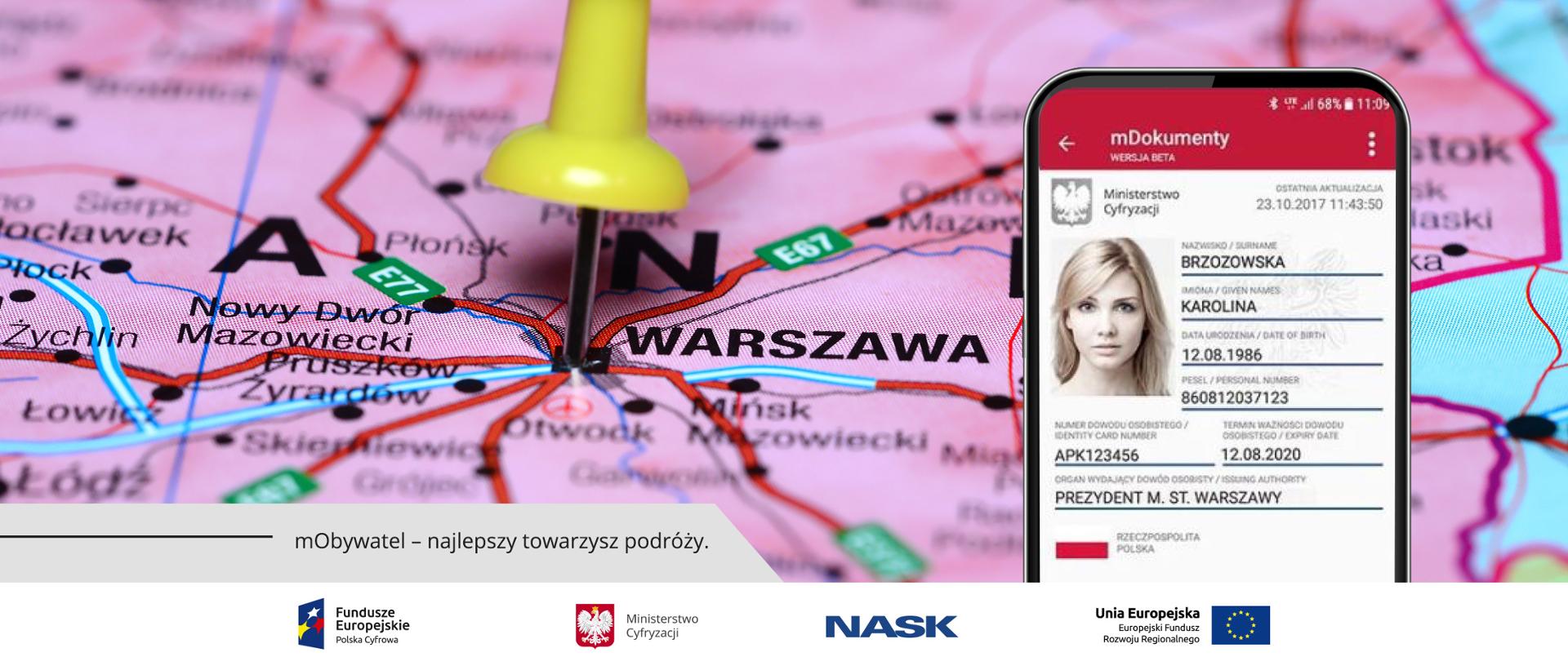 Mapa Polski - w centrum napis Warszawa. W tym miejscu znacznik - żółta pinezka. Obok, z prawej strony, zdjęcie screena aplikacji mObywatel z widoczną mTożsamością.