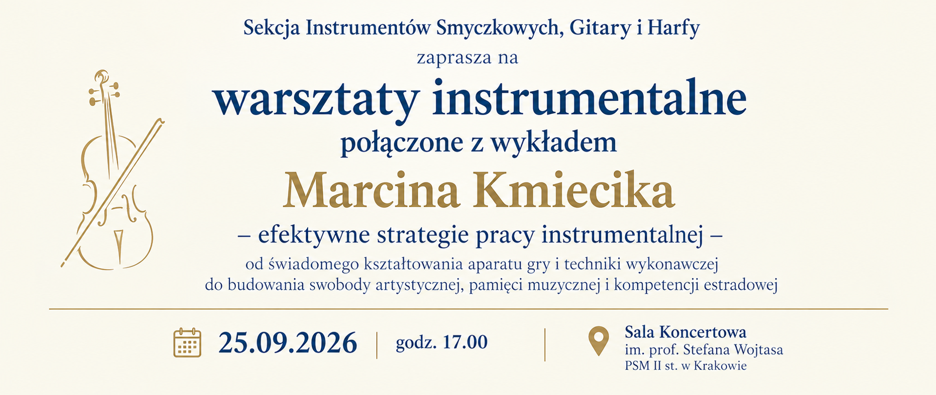 Warsztaty instrumentalne 25.09.2026 godz.17.00 kremowy plakat ze skrzypcami
