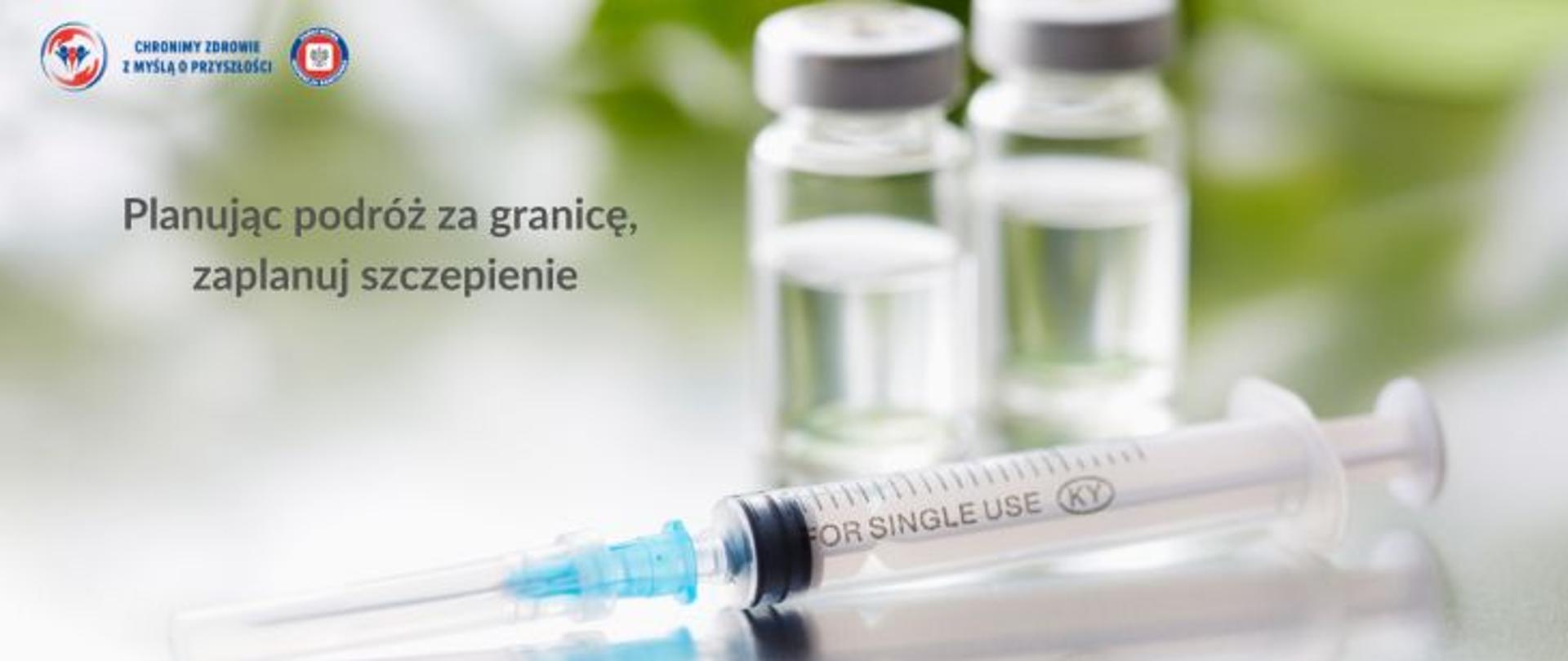 Na zielonobiałym tle na pierwszym planie strzykawka, za nią ampułki z przezroczystym płynem zamknięte metalowym korkiem. Po lewej stronie szary napis Planując podróż za granicę, zaplanuj szczepienie. W lewym górnym rogu logo Państwowej inspekcji Sanitarnej wraz z hasłem: Chronimy zdrowie z myślą o przyszłości. 