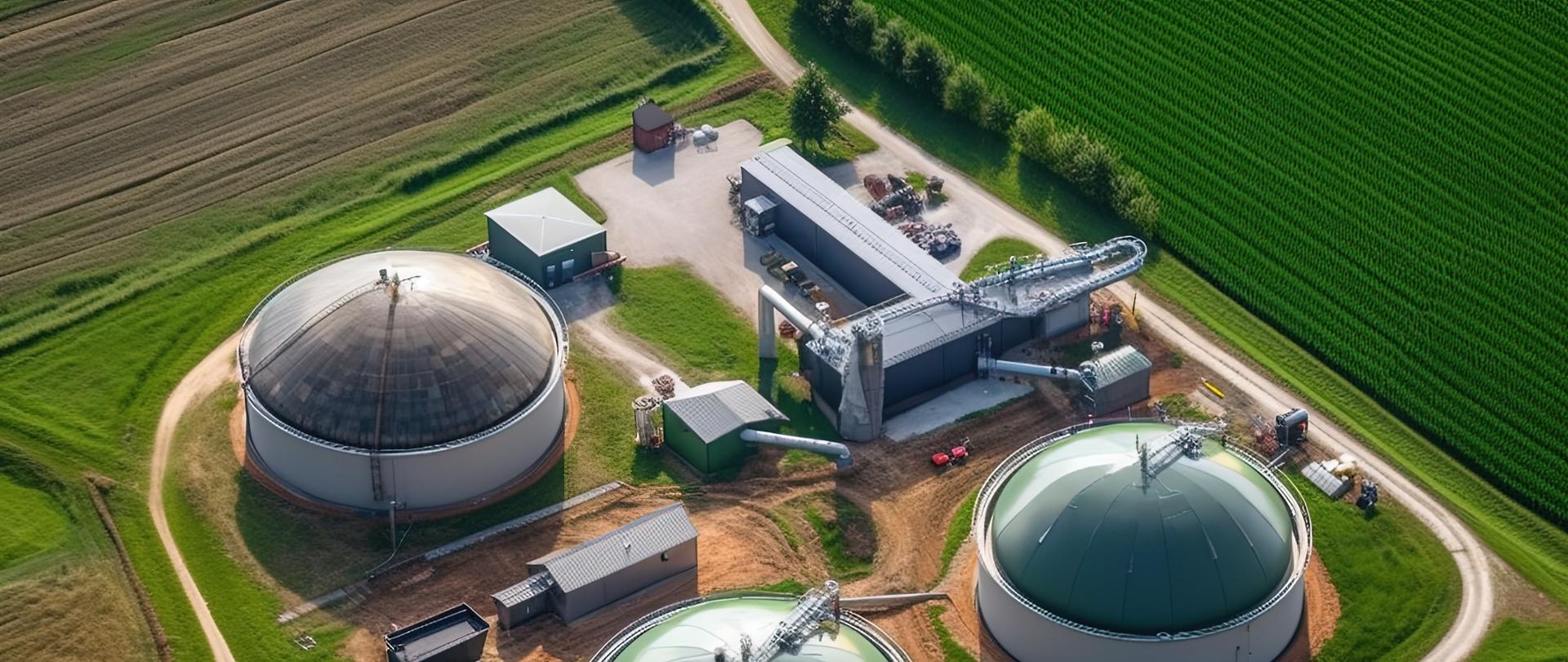 Aerial view of an agricultural biogas plant surrounded by farmland. The facility includes three large circular anaerobic digestion tanks with domed roofs, processing buildings, technical infrastructure, and access roads connecting different parts of the site.